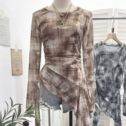 Tie-Dye Mesh Asymmetric Long-Sleeved Round-Neck Top