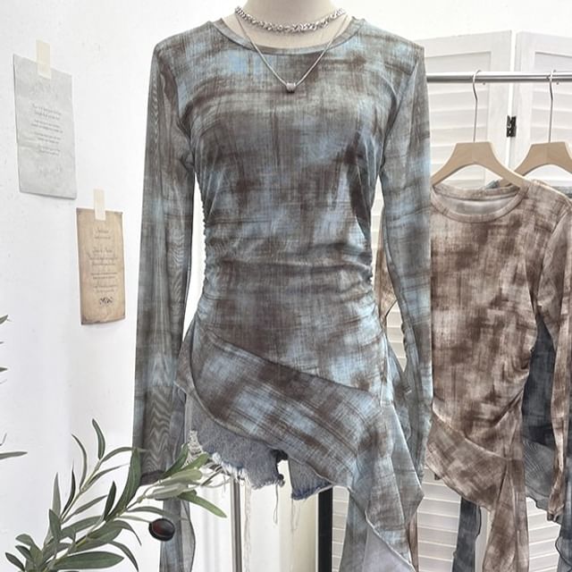 Tie-Dye Mesh Asymmetric Long-Sleeved Round-Neck Top