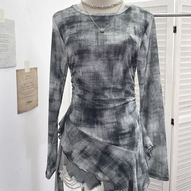 Tie-Dye Mesh Asymmetric Long-Sleeved Round-Neck Top