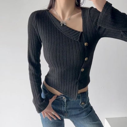 Ribbed Asymmetric Plain Button-Up Knit Long-Sleeved Top