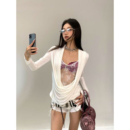 Ruched Lace Panel Long Sleeve Tee
