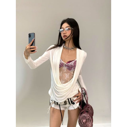 Ruched Lace Panel Long Sleeve Tee