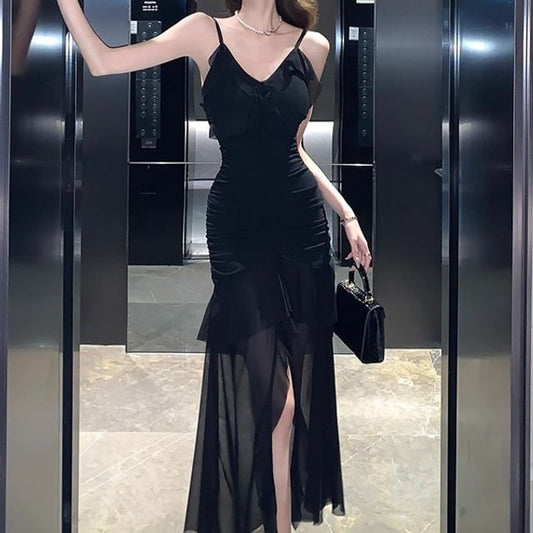 Sheer Ruffle V-Neck Spaghetti Strap Mermaid Maxi Dress - Altfashion Shop