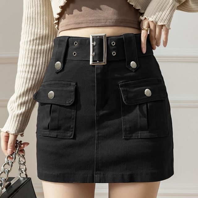 High Waist Plain Belted Mini Denim Cargo Skort