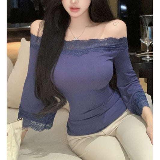 Bell Sleeve Off-Shoulder Lace Trim Slim Top
