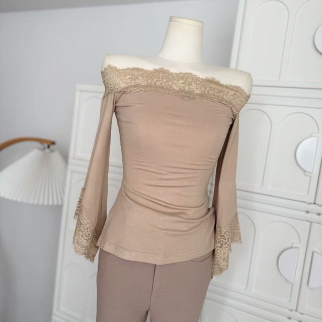 Bell Sleeve Off-Shoulder Lace Trim Slim Top