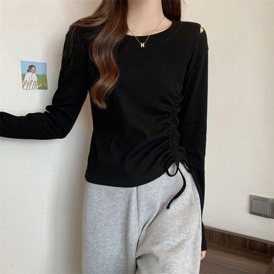 Drawstring Crew-Neck Plain Long-Sleeved T-Shirt