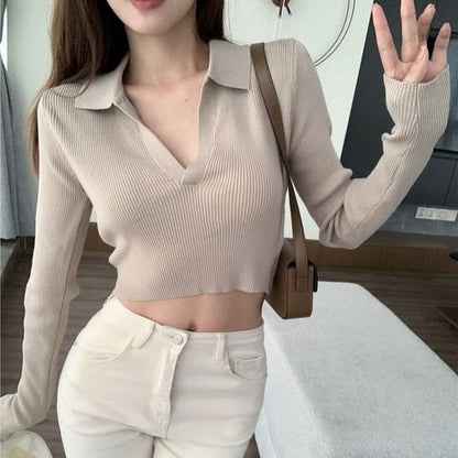 Plain V-Neck Cropped Long-Sleeved Polo Shirt
