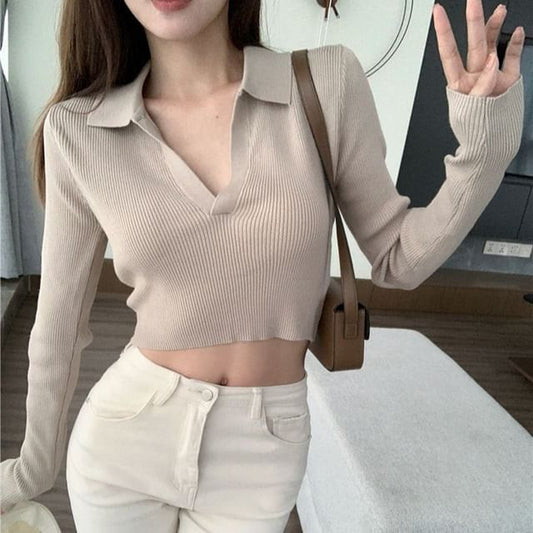Plain V-Neck Cropped Long-Sleeved Polo Shirt