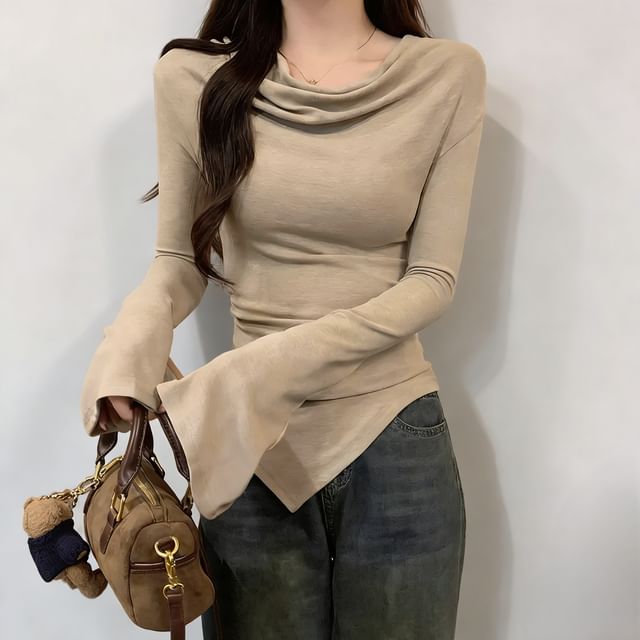 Plain Asymmetric Cowl-Neck Long-Sleeved T-Shirt