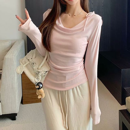 Ruched Cowl-Neck Plain Long-Sleeved T-Shirt