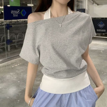 Cold-Shoulder Mock Two-Piece Short-Sleeved Tee