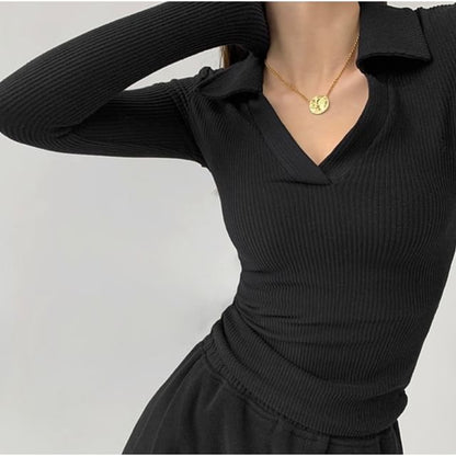 Plain V-Neck Long-Sleeved Polo Shirt