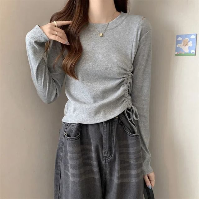 Drawstring Crew-Neck Plain Long-Sleeved T-Shirt