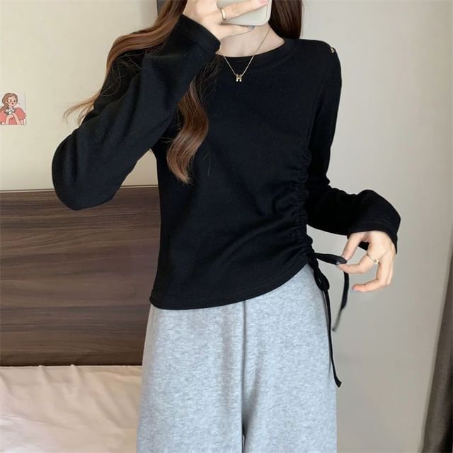 Drawstring Crew-Neck Plain Long-Sleeved T-Shirt
