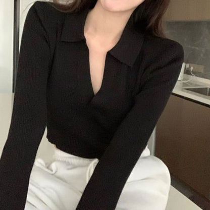 Plain V-Neck Cropped Long-Sleeved Polo Shirt