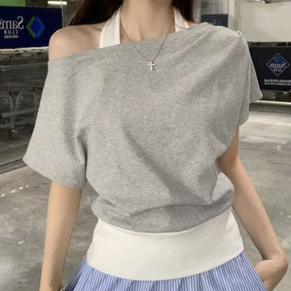 Cold-Shoulder Mock Two-Piece Short-Sleeved Tee