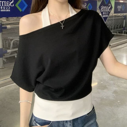 Cold-Shoulder Mock Two-Piece Short-Sleeved Tee