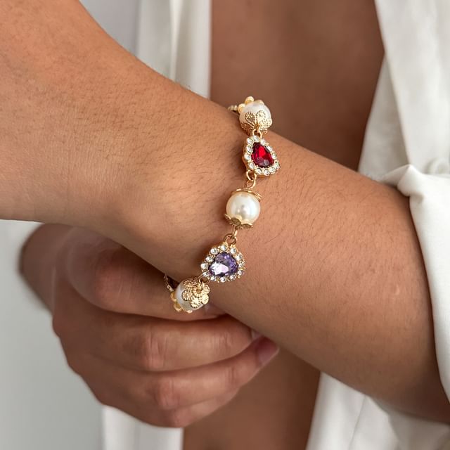 Rhinestone Faux Pearl Alloy Station Bracelet (Various Designs)