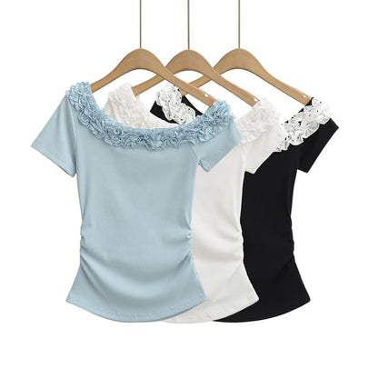 Short Sleeve Off-Shoulder Lace Trim Top