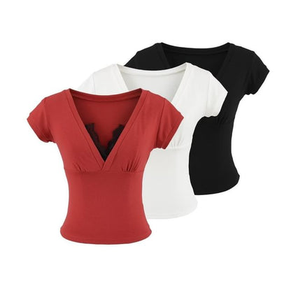 Short Sleeve V-Neck Lace Trim Top