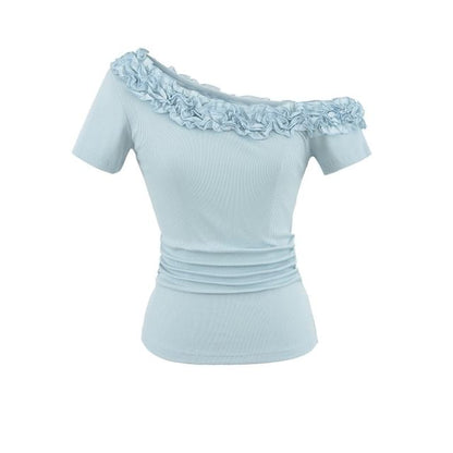 Short Sleeve Off-Shoulder Lace Trim Top
