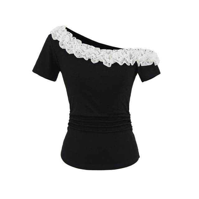 Short Sleeve Off-Shoulder Lace Trim Top