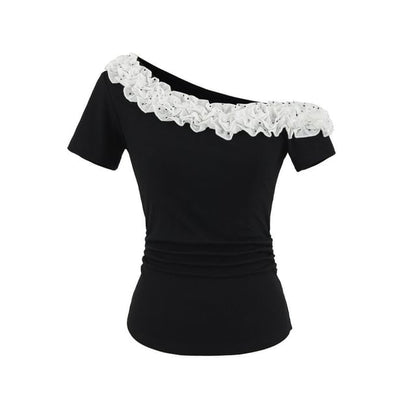 Short Sleeve Off-Shoulder Lace Trim Top