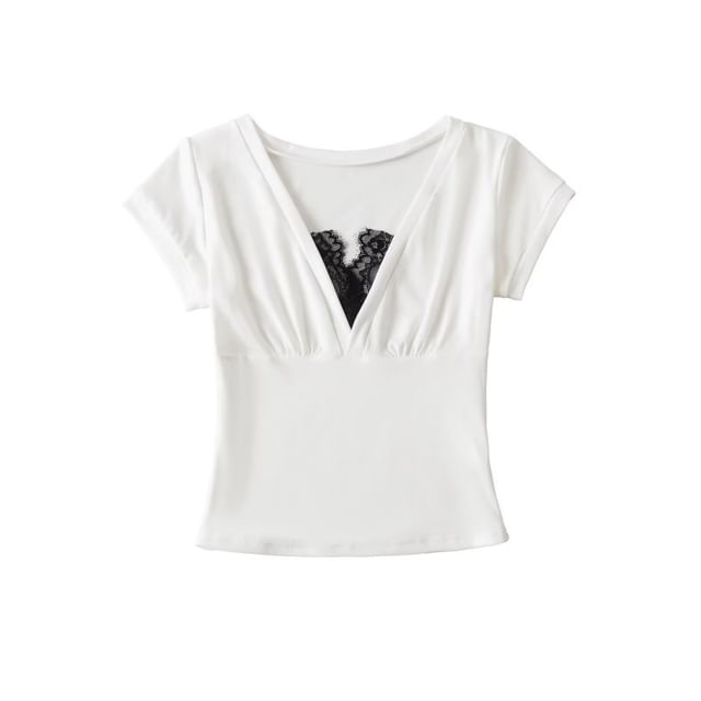 Short Sleeve V-Neck Lace Trim Top