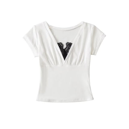Short Sleeve V-Neck Lace Trim Top