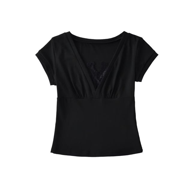 Short Sleeve V-Neck Lace Trim Top