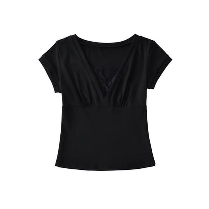 Short Sleeve V-Neck Lace Trim Top
