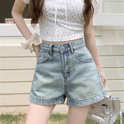High Waist Washed Wide-Leg Denim Shorts