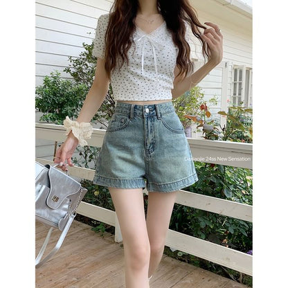 High Waist Washed Wide-Leg Denim Shorts