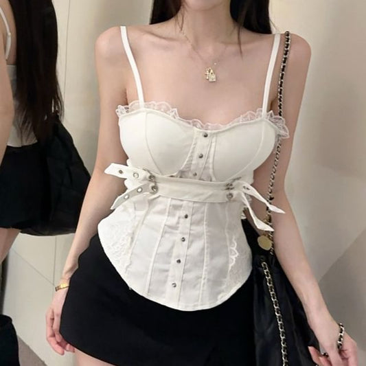 Belted Open Back Lace Crop Cami - Slim Fit