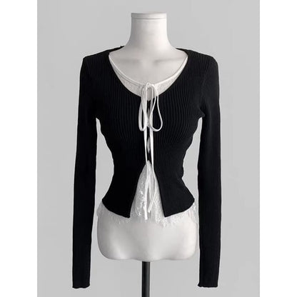 V-Neck Lace Trim Knit Top