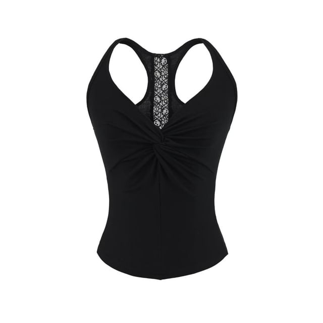Lace-Trim Racerback Crop Tank with V-Neck