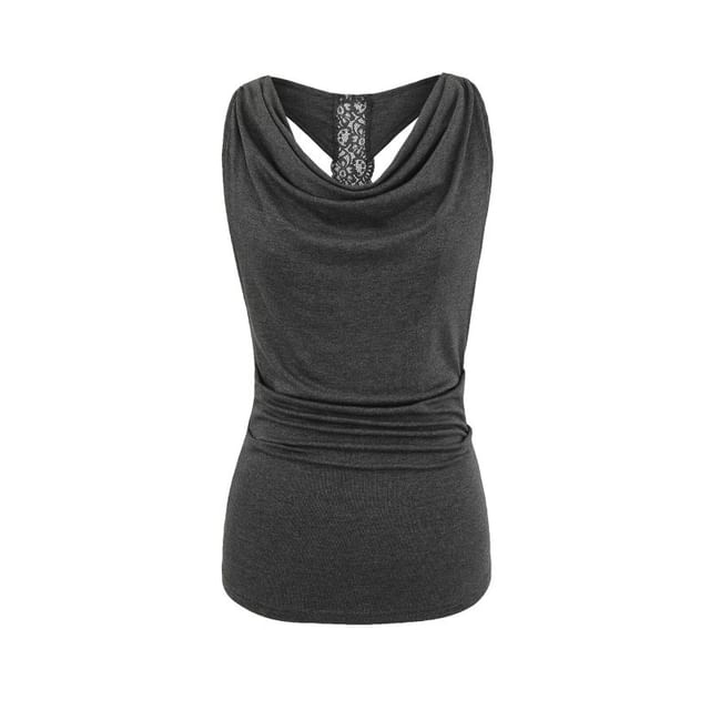 Cowl Neck Lace Panel Ruched Slim Tank