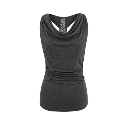 Cowl Neck Lace Panel Ruched Slim Tank