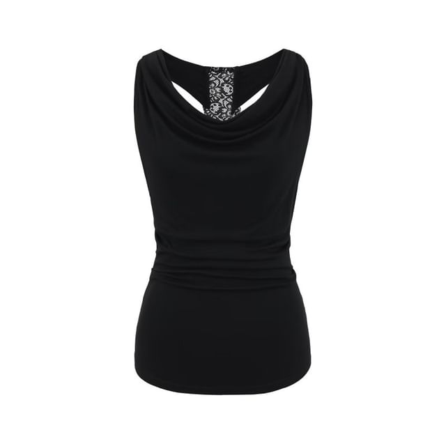 Cowl Neck Lace Panel Ruched Slim Tank