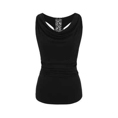 Cowl Neck Lace Panel Ruched Slim Tank