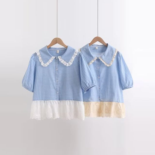 Plaid Puff Sleeve Lace Trim Shirt