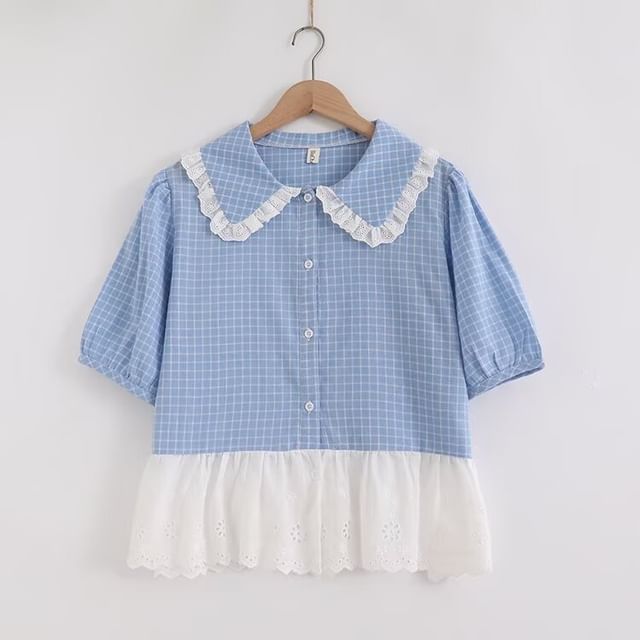 Plaid Puff Sleeve Lace Trim Shirt