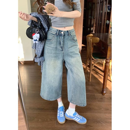 Mid Waist Washed Wide Leg Jorts
