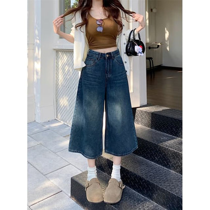 Mid Waist Washed Wide Leg Jorts