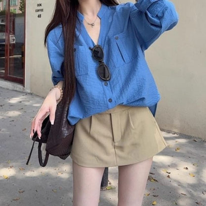V-Neck Long Sleeve Blouse & Mini Skort Set