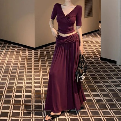 V-Neck Twist Short Sleeve Top & Maxi A-Line Skirt Set