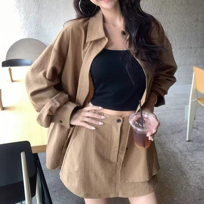 Collared Long Sleeve Shirt & Mini A-Line Skirt Set