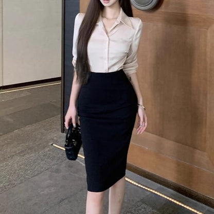 Collared Long Sleeve Shirt & Midi Pencil Skirt Set