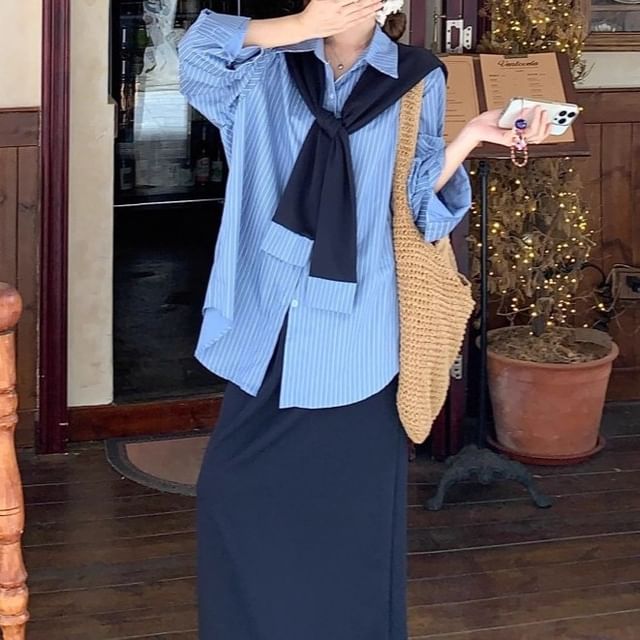 Striped Collared Long Sleeve Shirt & Maxi Pencil Skirt Set